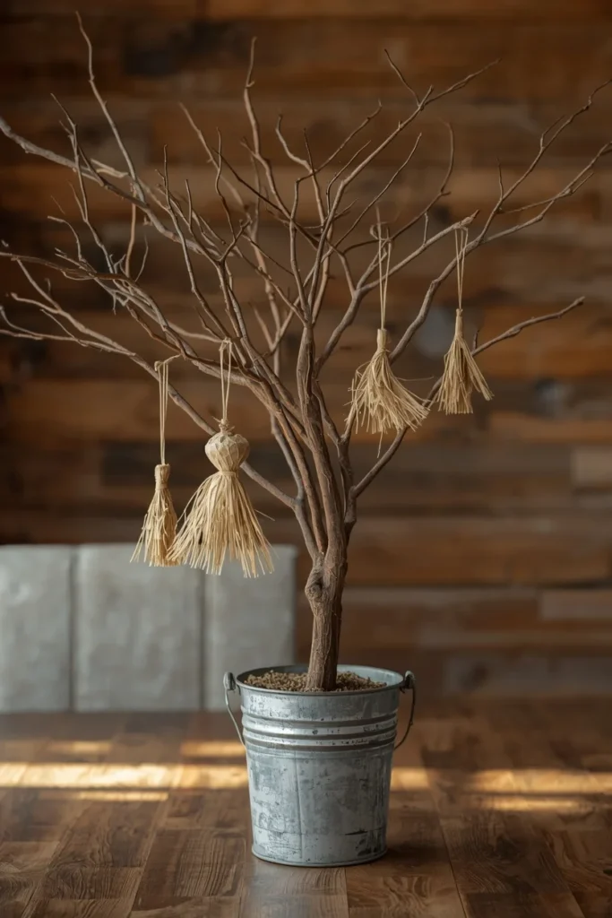 18 Fall Tree Ideas to Decorate Your Home Like a Magazine 6 farmhouse dining room, featuring a bare branch tree in a galvanized metal bucket