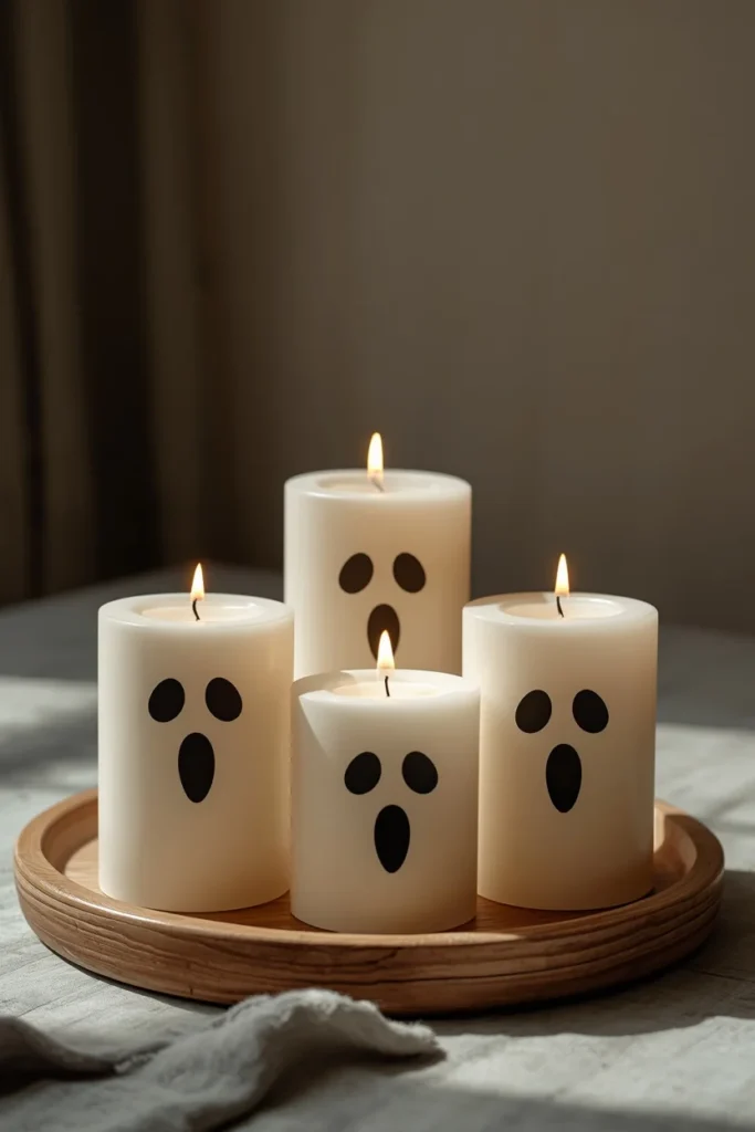 centerpiece, featuring plain white pillar candles with simple black paper 