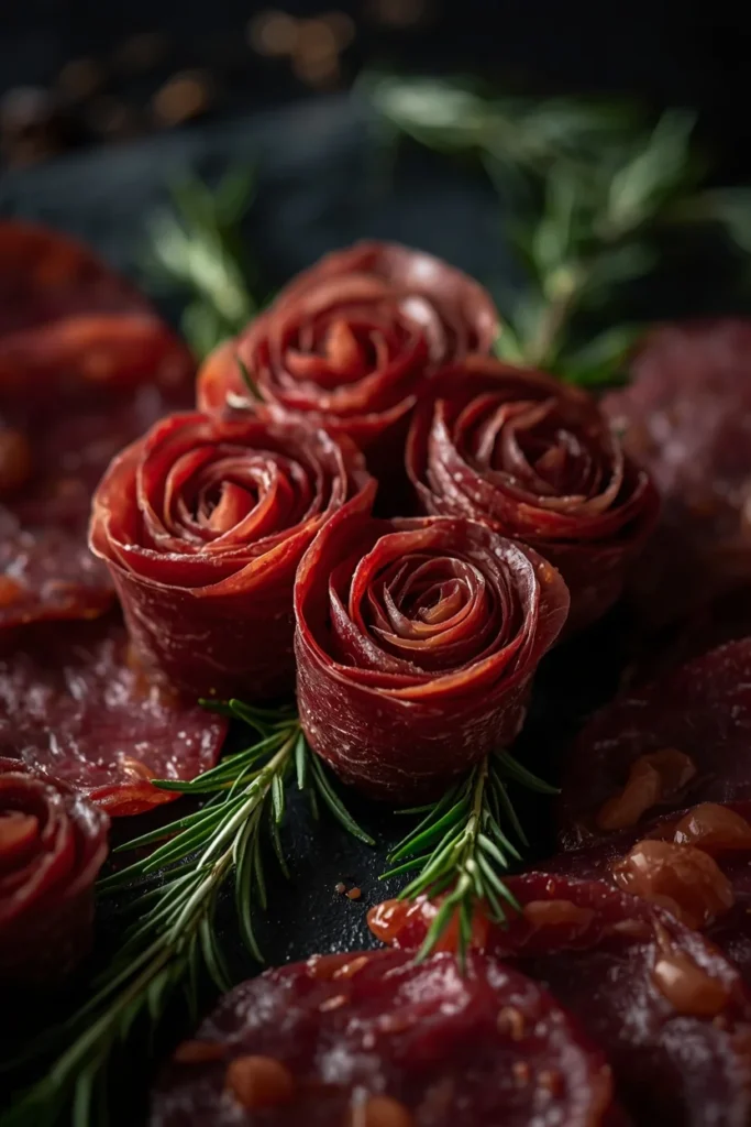  charcuterie board detail, featuring a cluster of salami rolled into rose shapes surrounded by fresh rosemary sprigs, 
