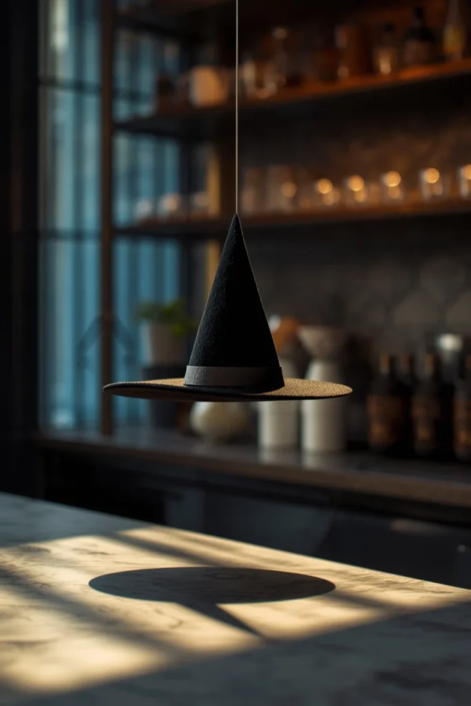  coffee bar shot, featuring a small black witch hat appearing to float mid-air above a styled coffee station 