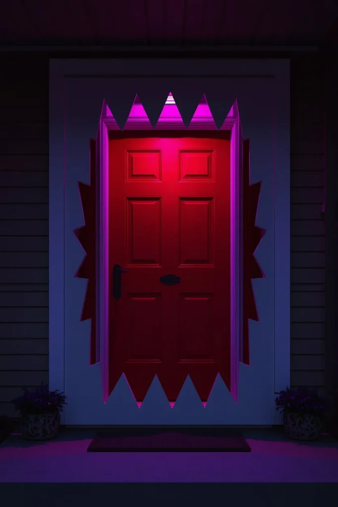  front door decorated for Halloween, featuring large uneven white triangular teeth cutouts
