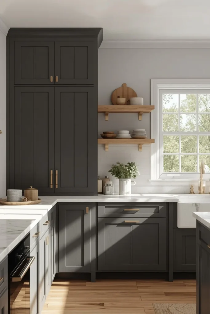 19 Modern Farmhouse Kitchens That Nail Cozy Meets Contemporary 6 farmhouse kitchen, featuring matte charcoal cabinetry,