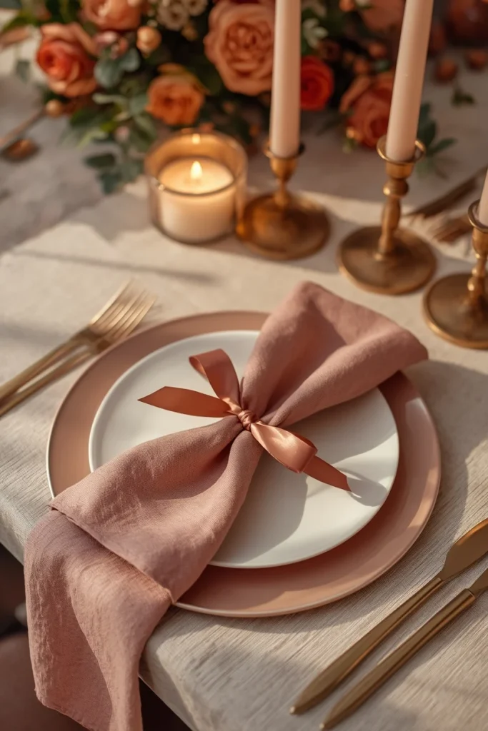 15 Pink Fall Decor Ideas for a Softer Take on Autumn 6 dinner table place setting, featuring a blush pink charger under a cream plate, a rose-toned linen napkin