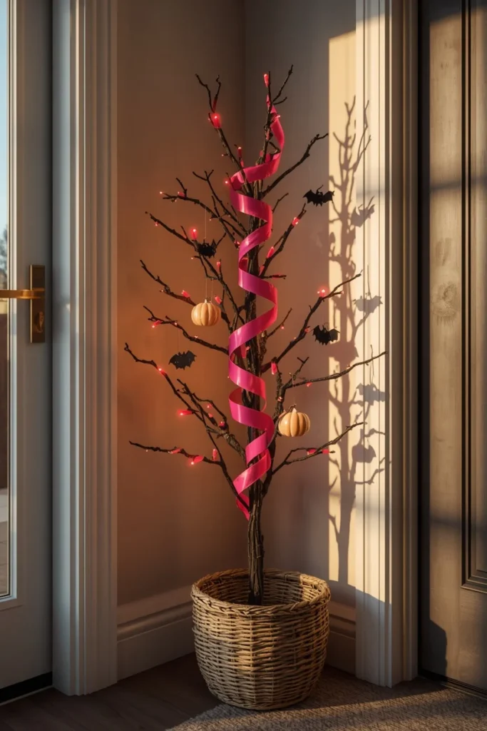 entryway corner, featuring a small artificial tree wrapped in hot pink ribbon