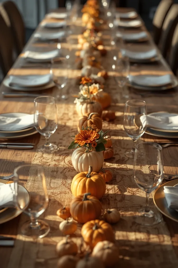 15 Pumpkin Floral Arrangement Ideas for Fall Tables That Feel Effortlessly Elegant 6 long dining table, featuring a row of small mini pumpkins each holding a single flower stem running down the table runner,