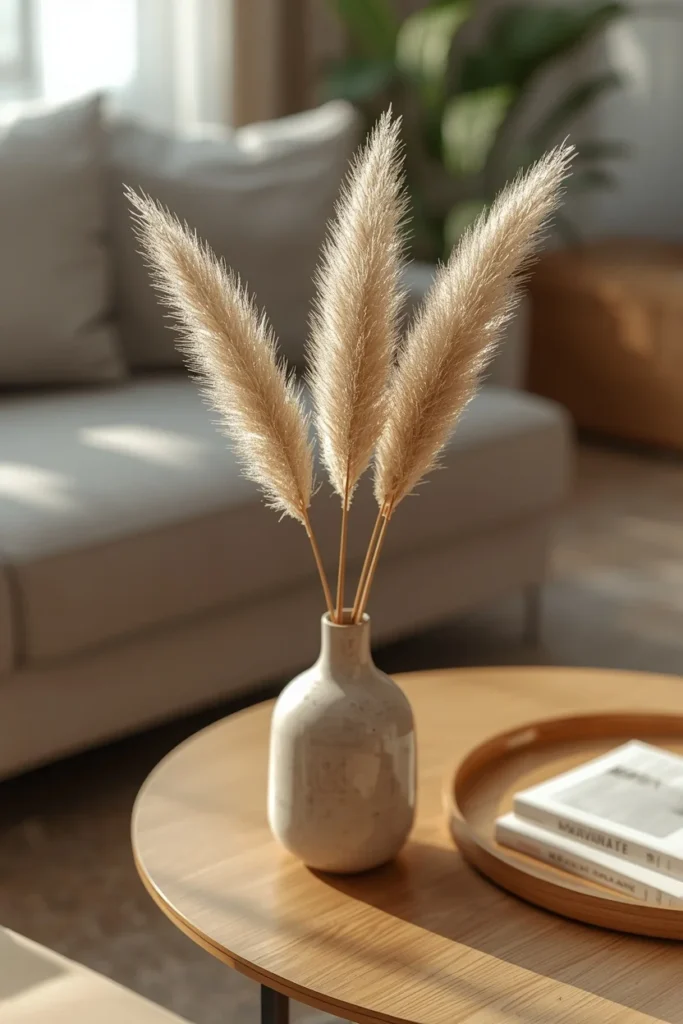 living room, featuring a slim ceramic vase with dried pampas grass stems