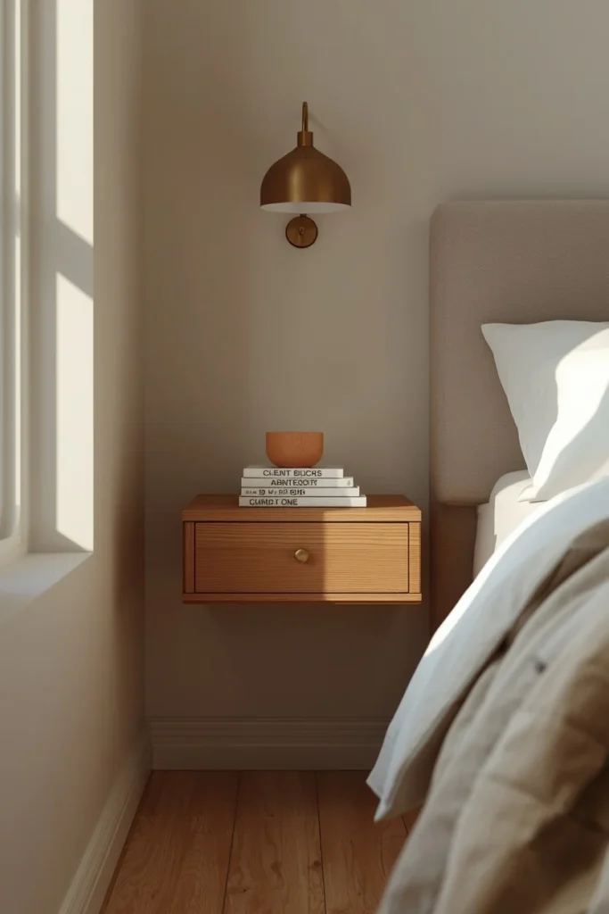  small bedroom nightstand detail, featuring a slim floating wood nightstand mounted on the wall beside the bed