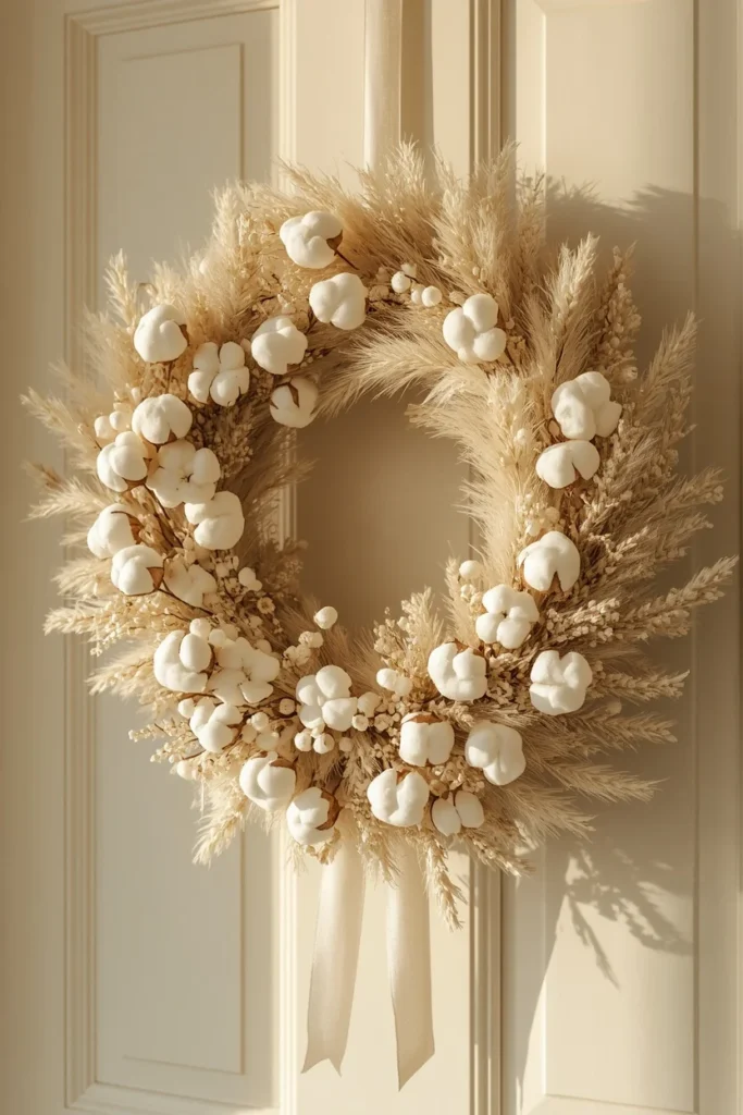 front door wreath close-up, featuring a fully neutral-toned wreath 