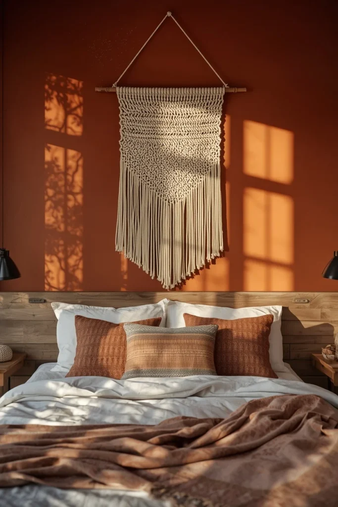 23 Afrobohemian Bedroom Ideas for Warm, Earthy, Soul-Filled Nights 7 bedroom, featuring a large natural cotton macrame wall hanging centered