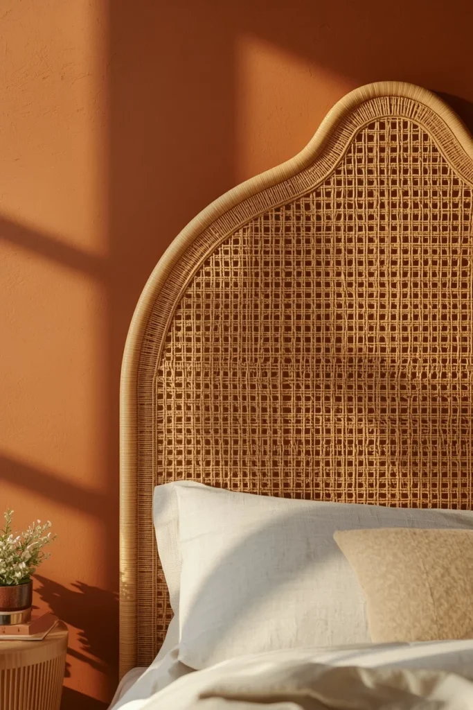 headboard detail, featuring a woven rattan headboard mounted on a terracotta wall