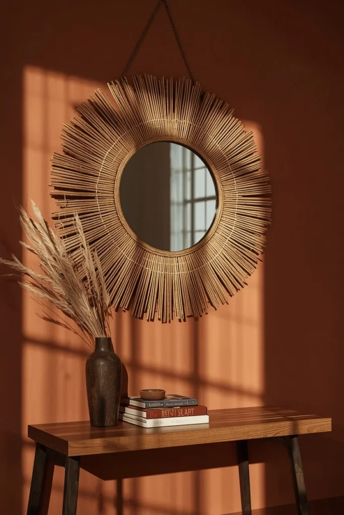 styling vignette, featuring a round raffia sunburst mirror hanging above a narrow wooden console table