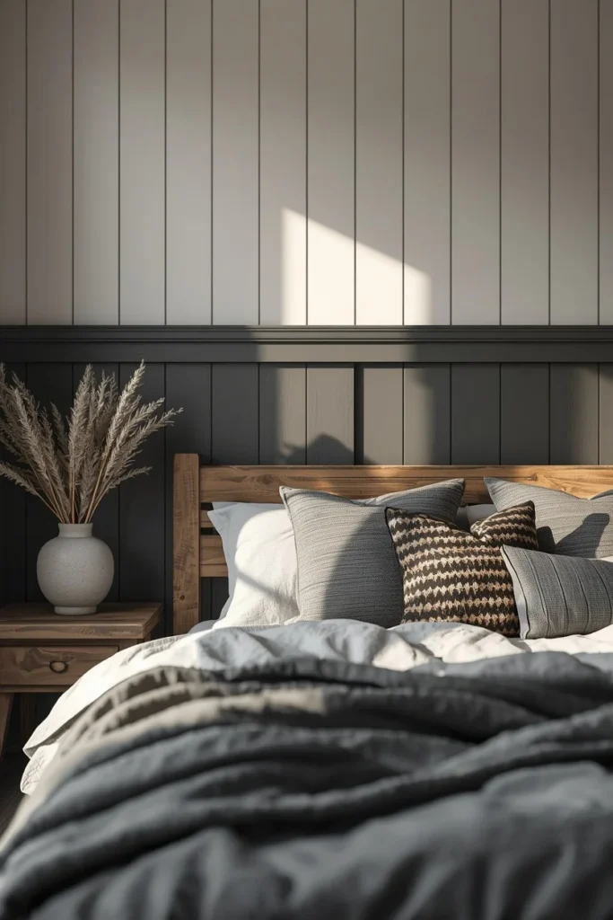  barndominium bedroom, featuring a board and batten accent wall 