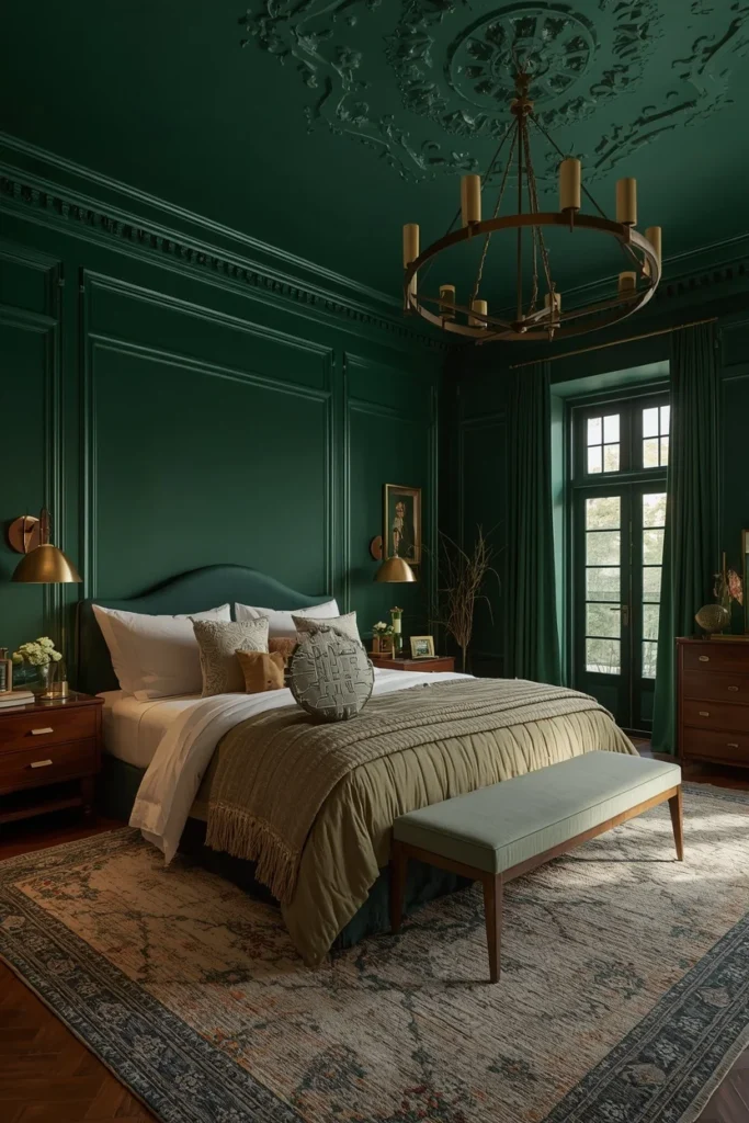 21 Bedroom Color Schemes That Make Your Room Feel Like a Boutique Hotel 7 Bedroom with deep emerald green walls and matching emerald ceiling