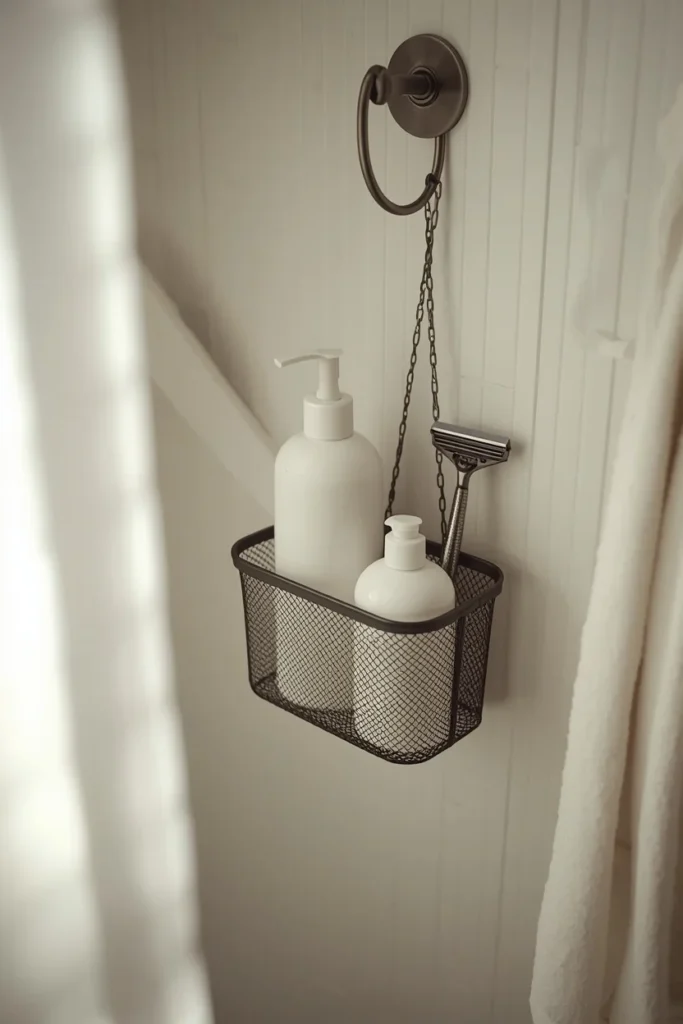 dorm room close-up, featuring a mesh shower caddy with drainage holes 