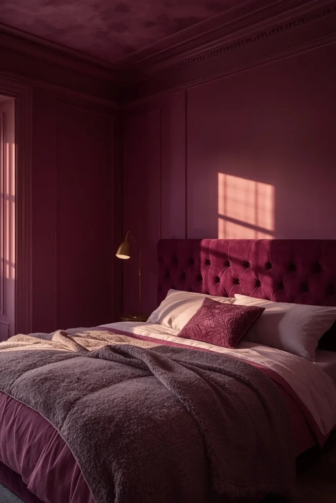 bedroom, featuring a warm plum ceiling flowing into matching plum walls, deep purple velvet headboard