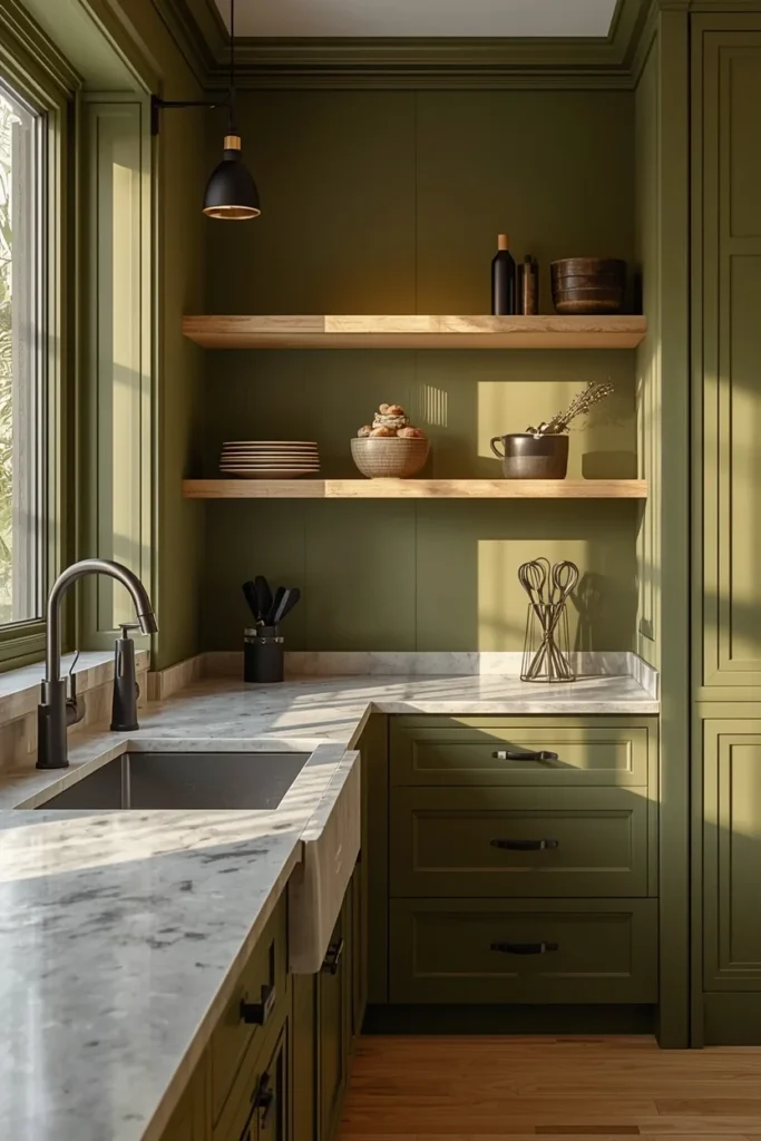  kitchen, featuring olive green cabinets, walls, and trim, matte black faucet and hardware