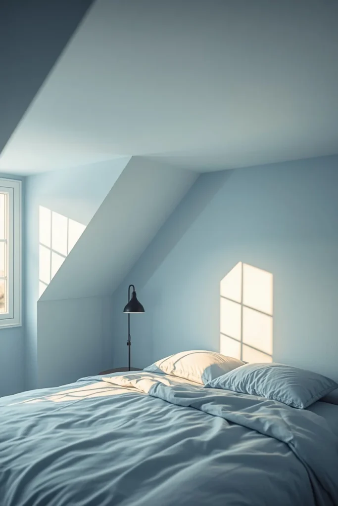  upward angle bedroom shot, featuring a soft misty blue painted ceiling above a white bed