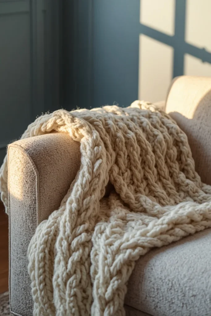 close-up, featuring a chunky cream knit throw draped loosely over the arm of a boucle sofa,