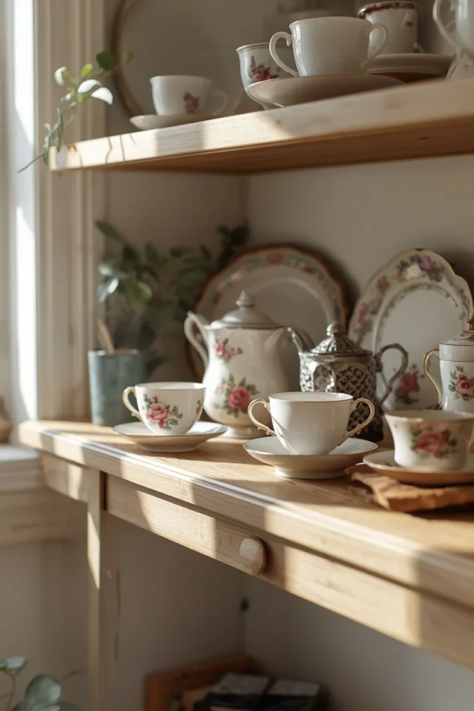 19 Cottagecore Living Room Ideas That Feel Like a Storybook Come to Life 7 cottagecore living room shelf display, featuring mismatched vintage floral teacups