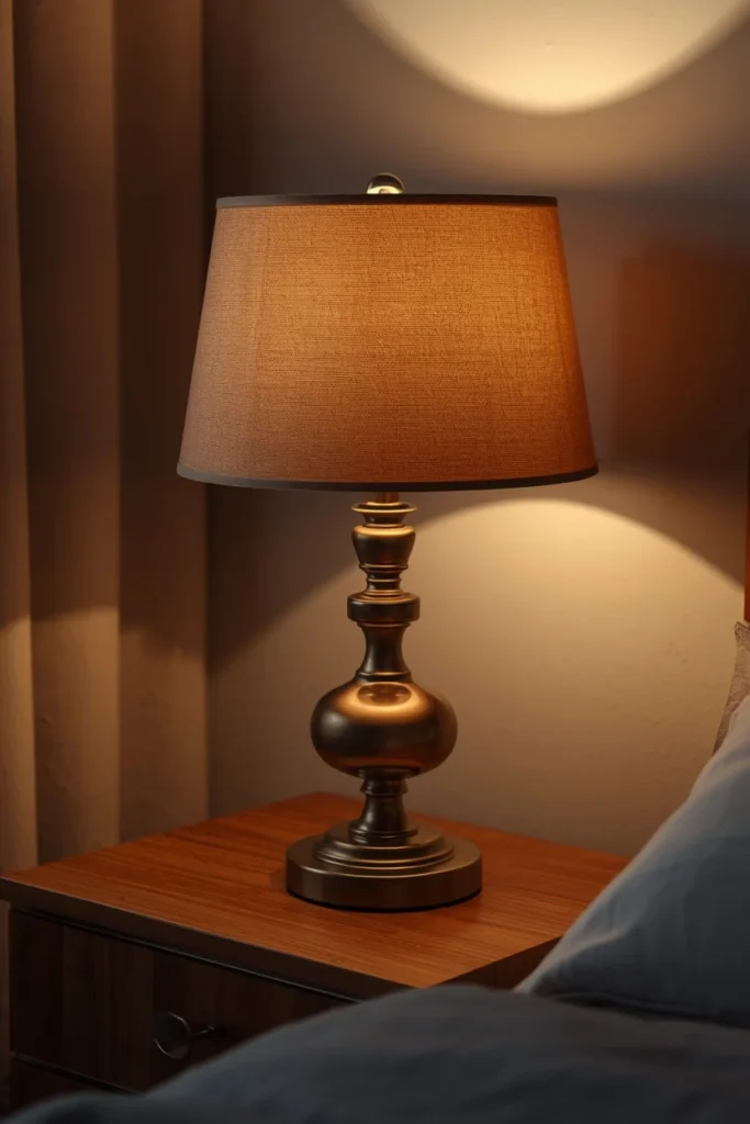 24 Cozy Bedroom Ideas That Make You Never Want to Leave Your Bed 7 bedroom nightstand close-up, featuring a warm brass table lamp