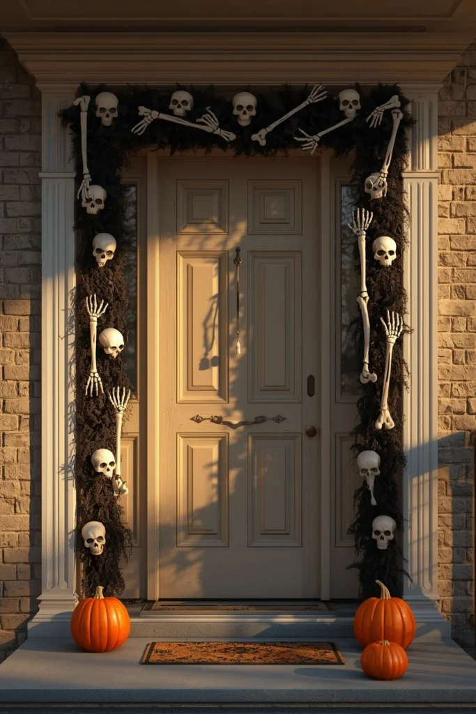 18 DIY Halloween Archway Ideas That Wow Trick-or-Treaters 7 front door frame, featuring black and white skull and bone garland