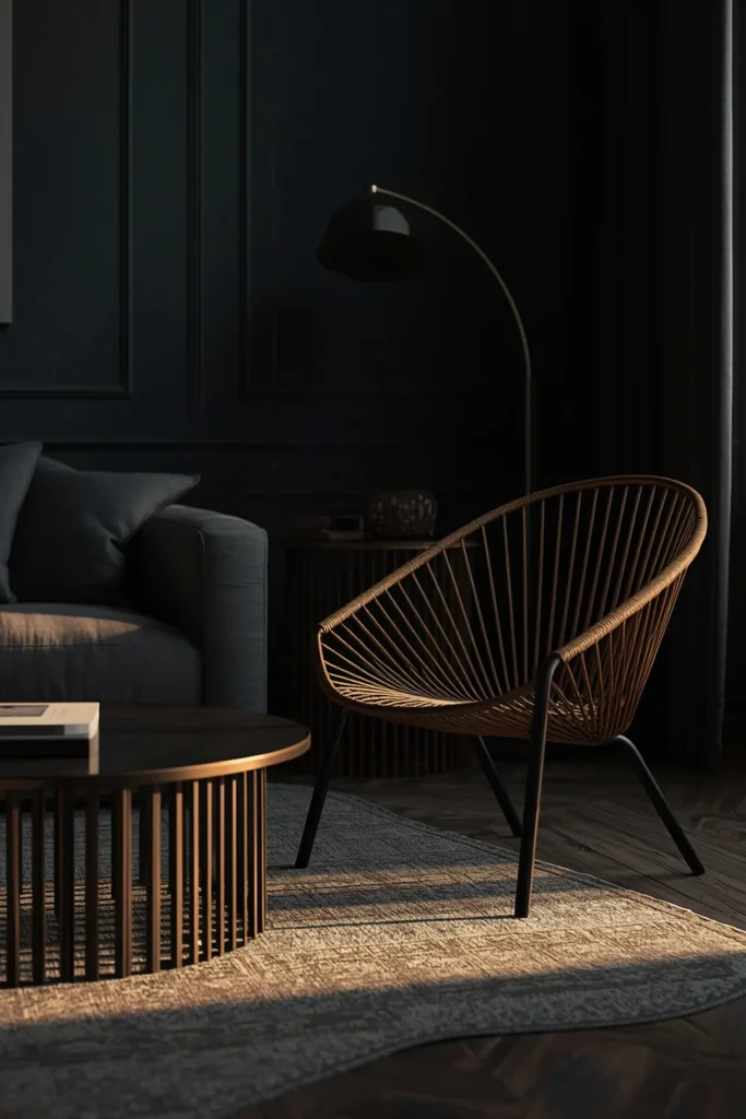  living room seating area, featuring a coffee table with twisted sculptural metal legs
