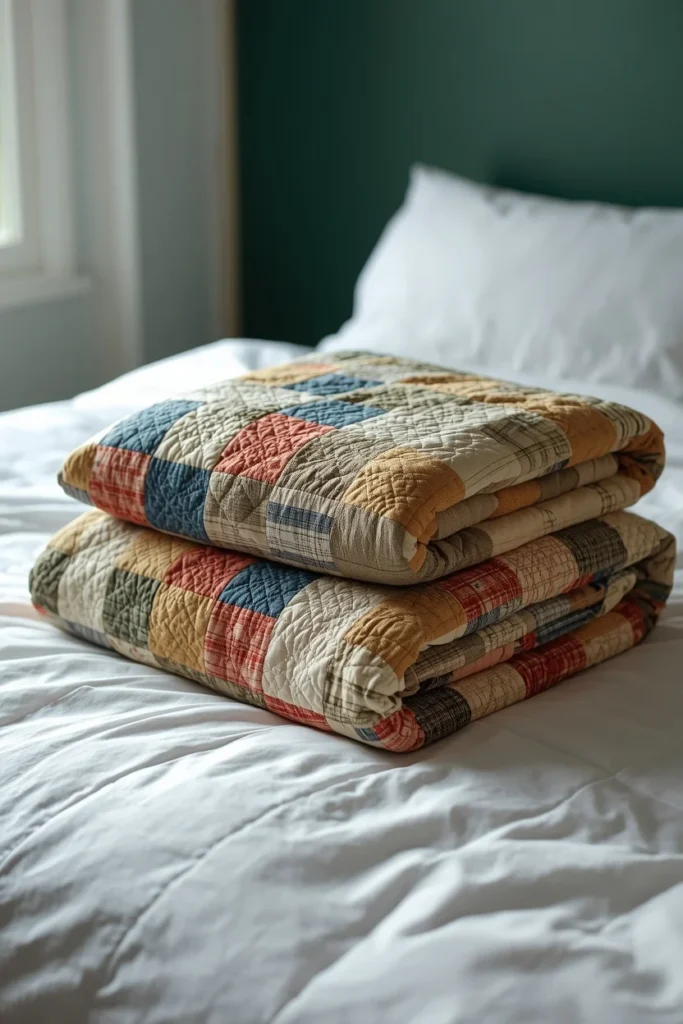 bed styling shot, featuring two layered vintage patchwork quilts