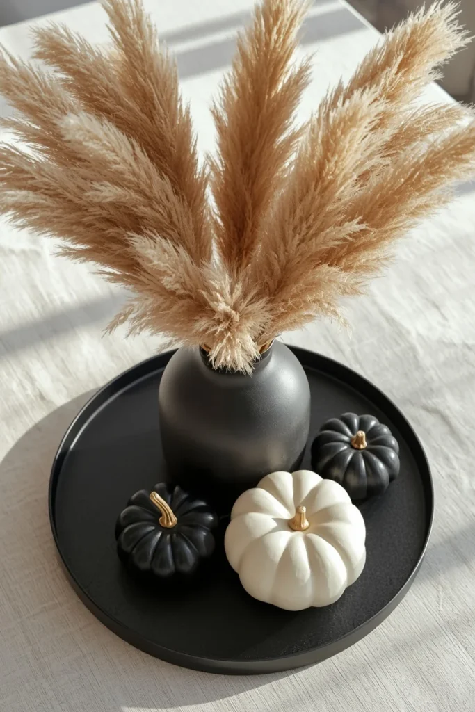 21 Fall Centerpiece Ideas That Take Minutes to Put Together (Easy + Budget-Friendly) 7 modern centerpiece, featuring a matte black tray topped with a textured ceramic vase filled