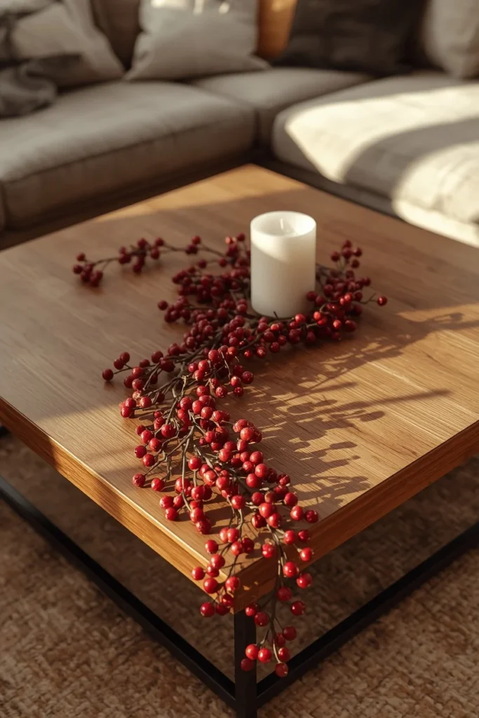 20 Fall Coffee Table Decor Ideas to Steal This Season 7 a faux burgundy berry garland draped loosely across a wood coffee table