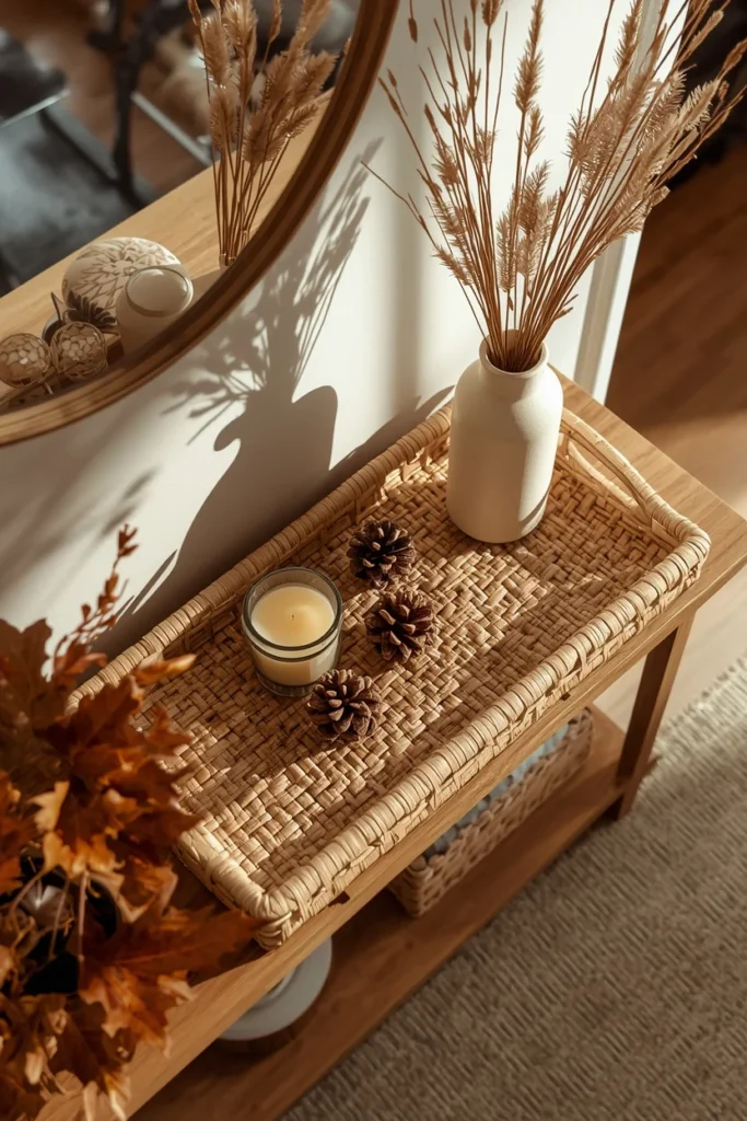 16 Fall Entry Table Decor Ideas That Wow Guests Instantly-Cozy Autumn Entryway Styling 7 entryway console table, featuring a woven rattan tray holding a small candle, mini vase