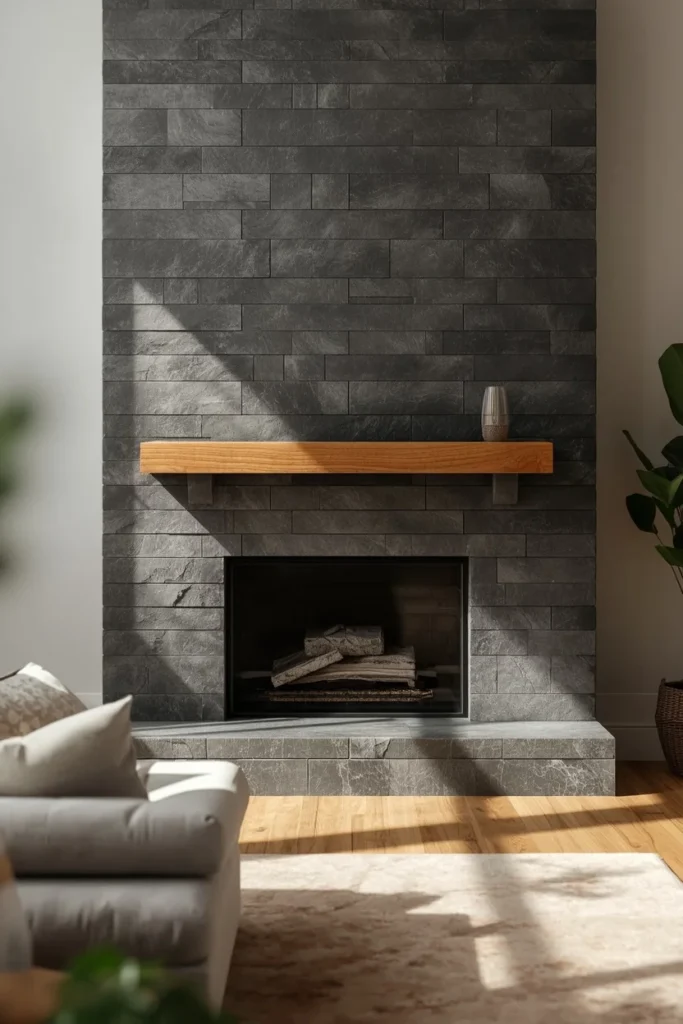  fireplace surround, featuring a floor-to-ceiling honed charcoal stone chimney