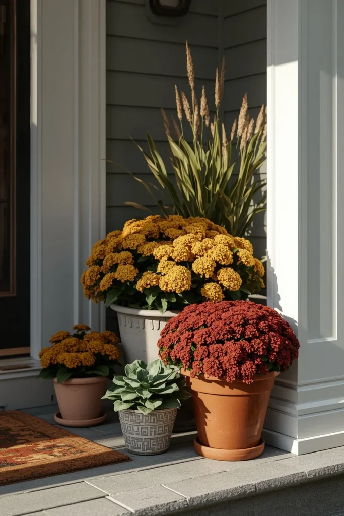  front porch entrance, featuring a clustered container garden of burgundy, gold, and burnt orange mums