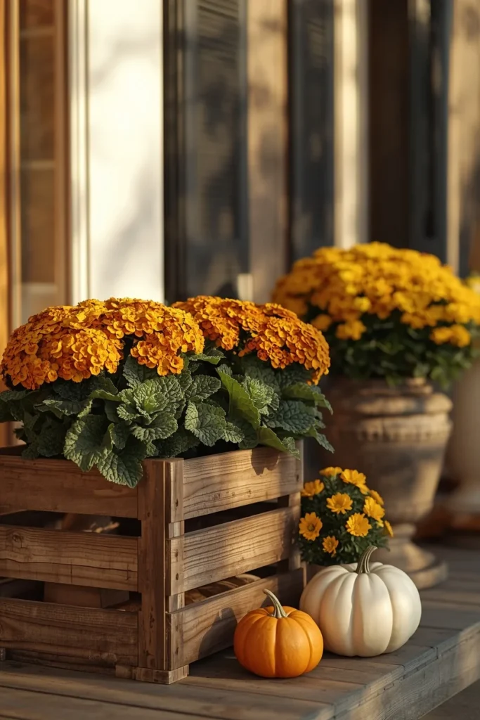 19 Fall Planter Ideas That Bring Instant Curb Appeal 7 front porch, featuring a wooden crate planter filled with mums, ornamental kale, and mini pumpkins,