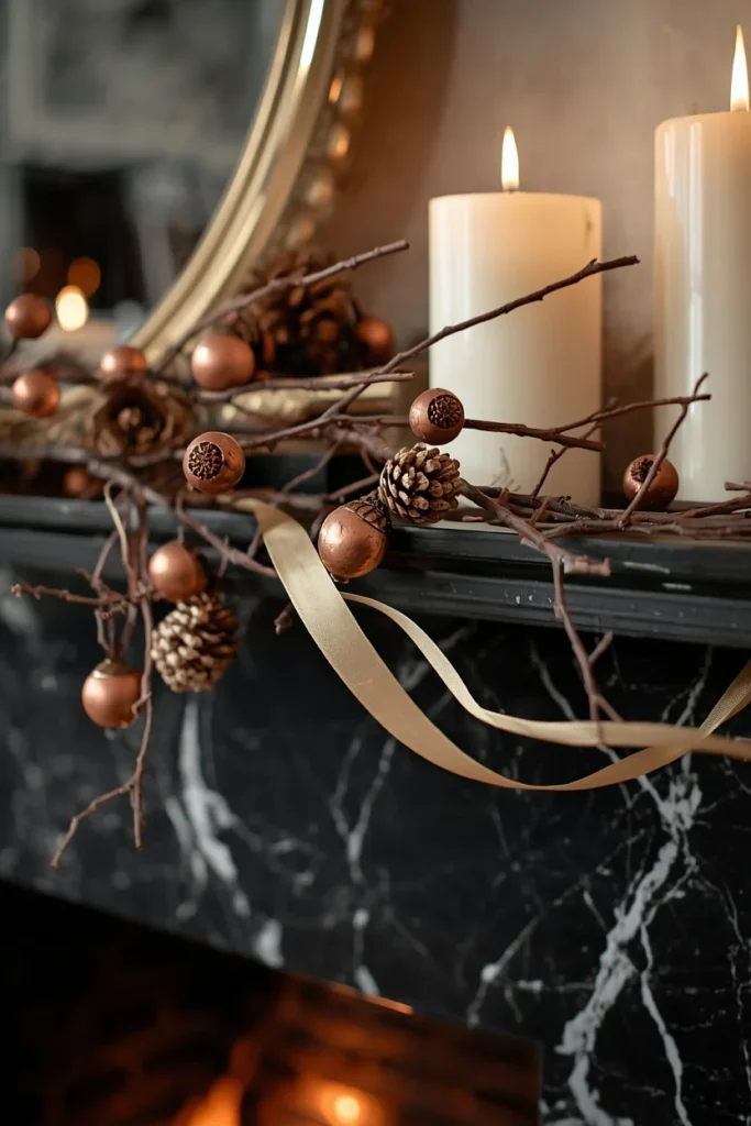 18 Fall Tree Ideas to Decorate Your Home Like a Magazine 7 mantel styling shot, featuring a bare branch arrangement with copper
