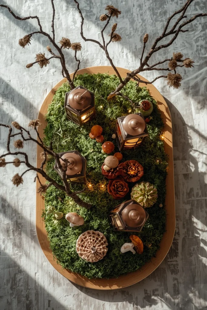 centerpiece, featuring faux moss base with small lanterns, dried branches