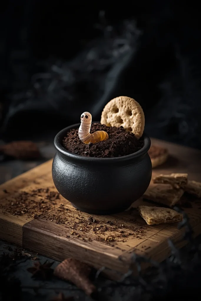 small black cauldron bowl on a charcuterie board, featuring chocolate pudding