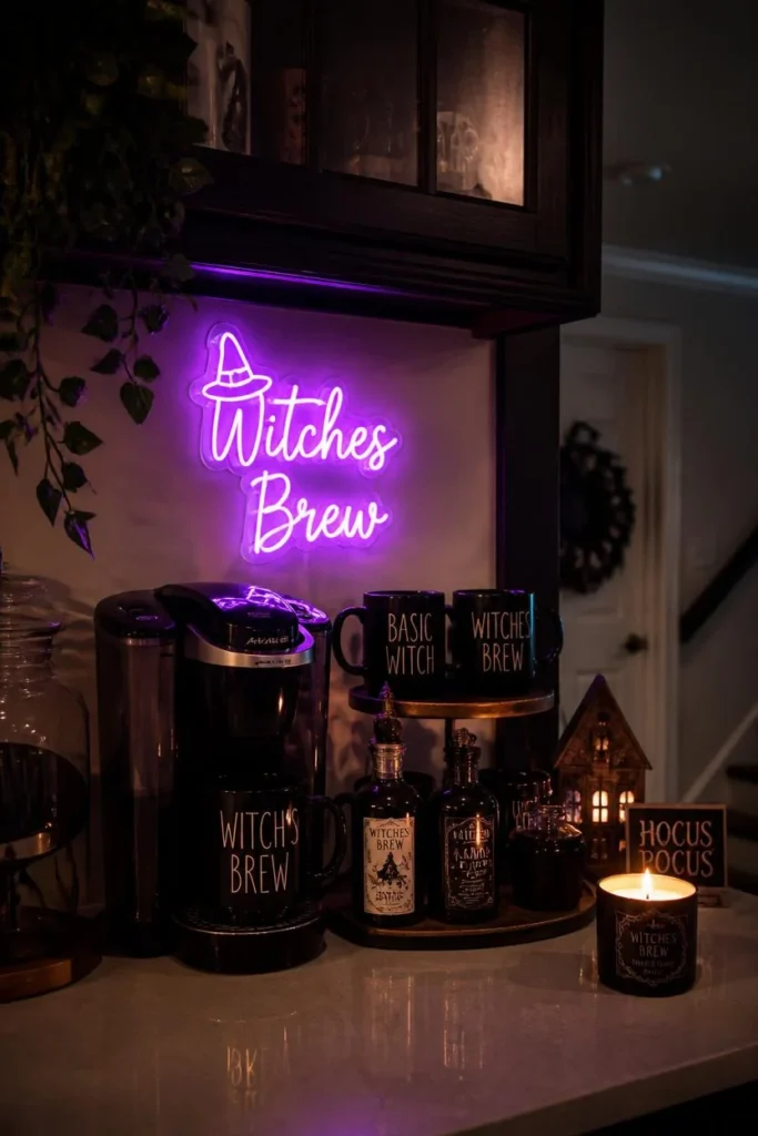 nighttime kitchen coffee bar shot, featuring a small glowing purple neon sign reading Witches Brew mounted 