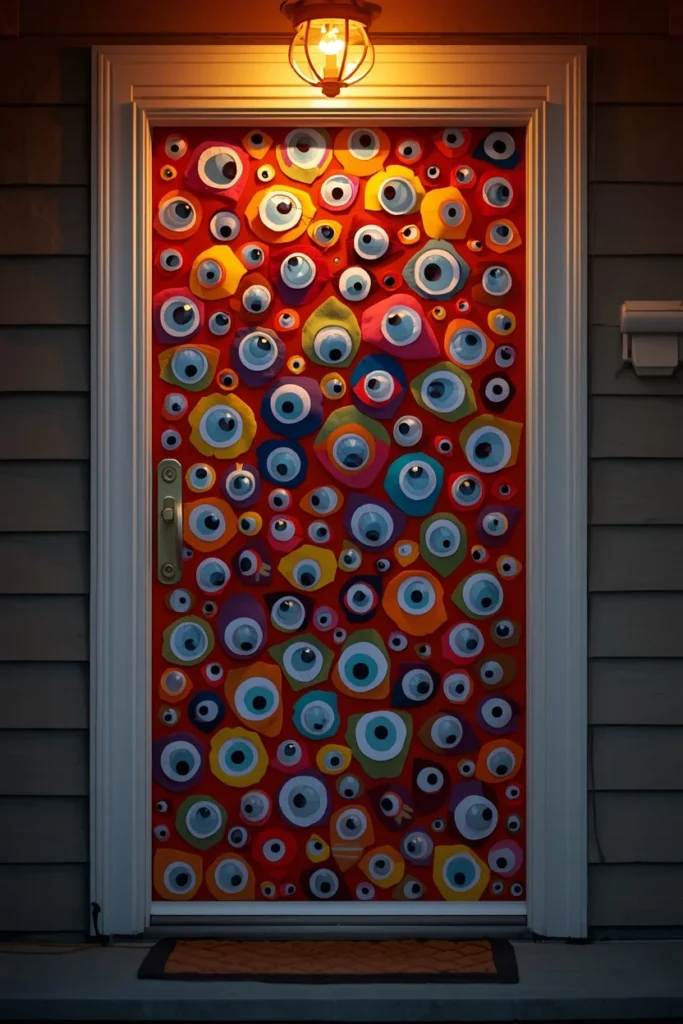  front door decorated for Halloween, featuring colorful felt monster shapes 