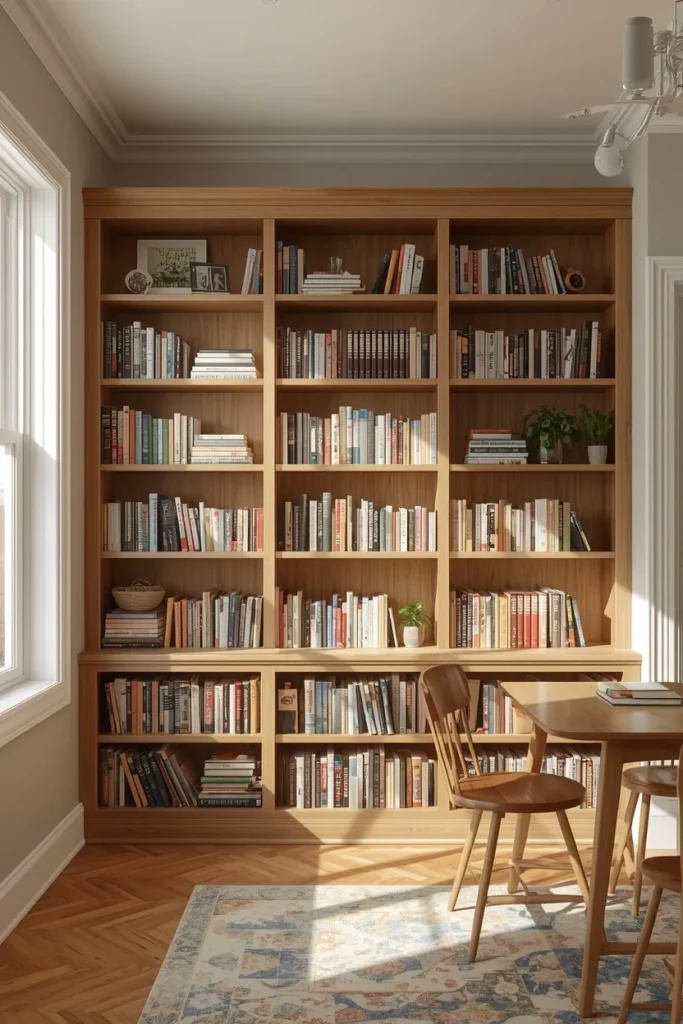 homeschool room, featuring sturdy open wood shelving