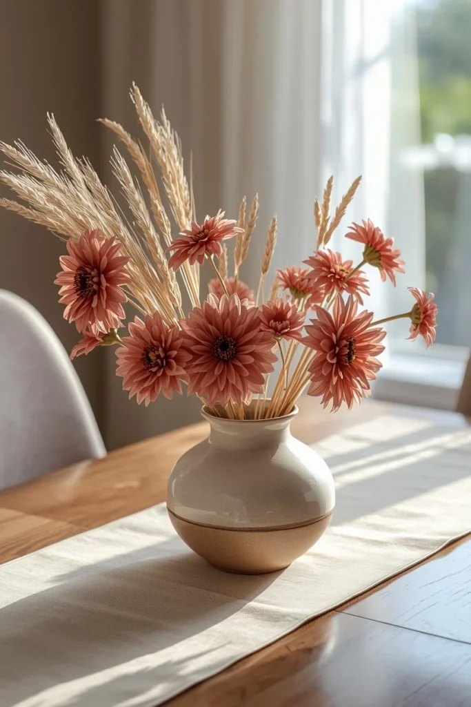 15 Pink Fall Decor Ideas for a Softer Take on Autumn 7 dining table centerpiece, featuring a low wide ceramic vase filled with dried pink dahlias