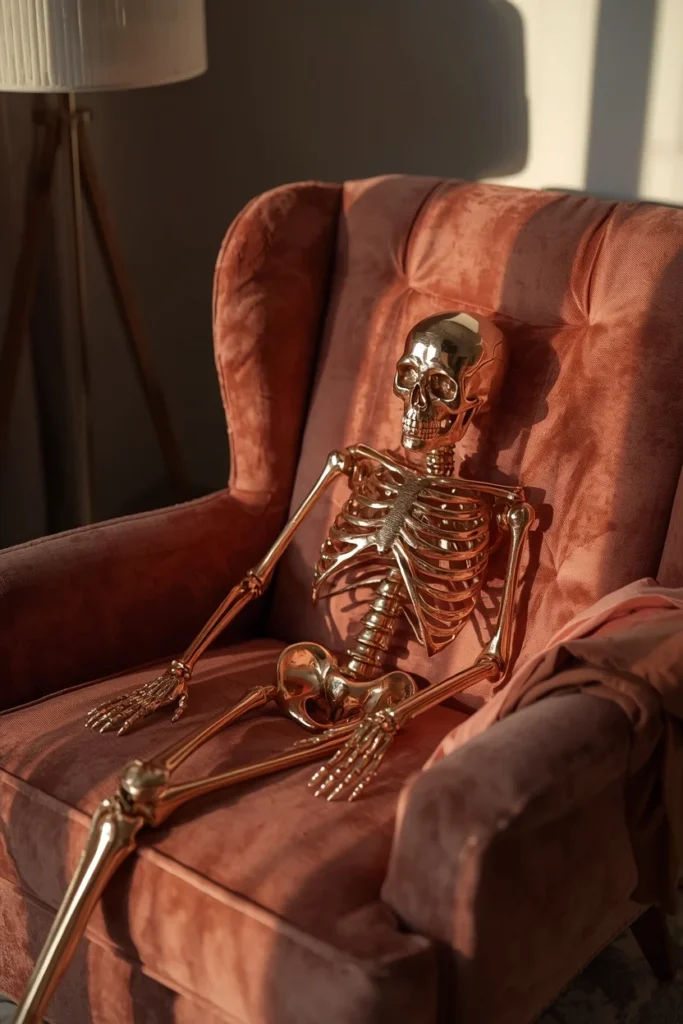  living room armchair vignette, featuring a rose-gold painted skeleton