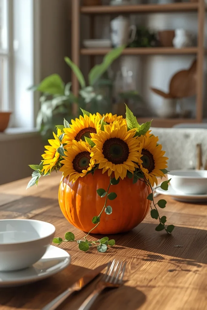 15 Pumpkin Floral Arrangement Ideas for Fall Tables That Feel Effortlessly Elegant 7 casual dining table, featuring an orange pumpkin filled with bright sunflowers and trailing ivy,