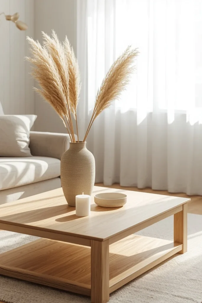 17 Rectangle Coffee Table Fall Decor Ideas That Just Work 7 living room, featuring a rectangular light wood coffee table