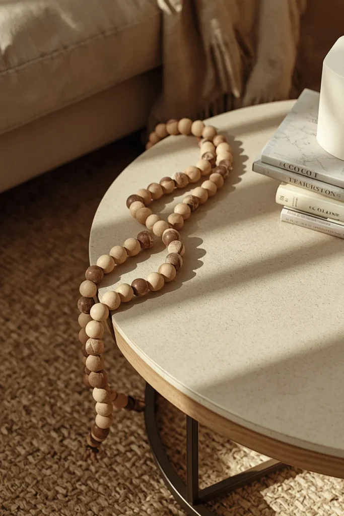 living room, featuring a natural wood bead garland draped 