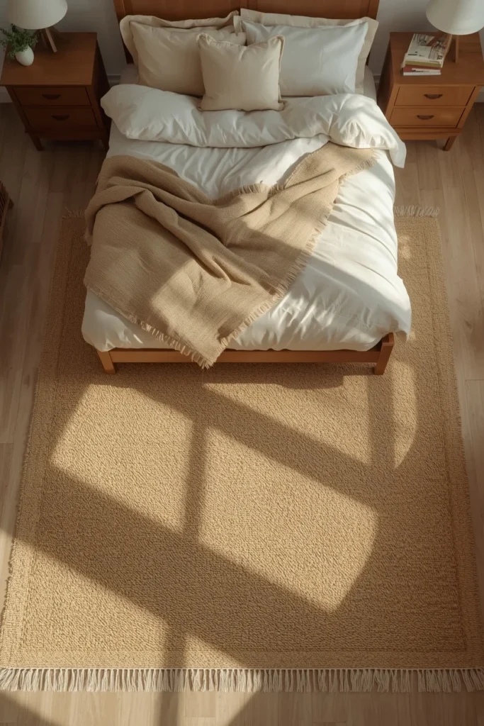 small bedroom, featuring a large jute area rug extending well beyond the bed frame and reaching under the dresser