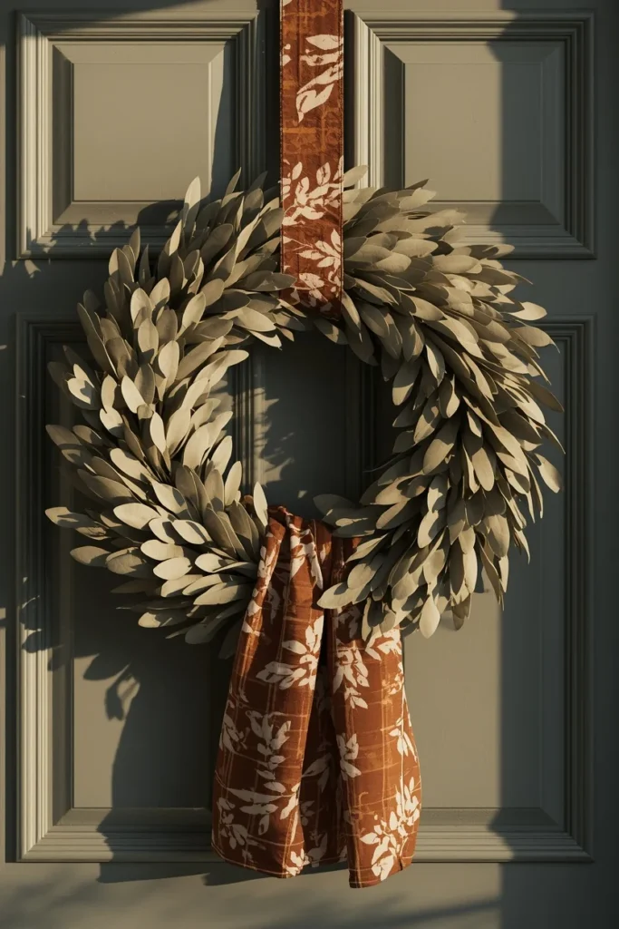  front door wreath close-up, featuring a soft silvery-green eucalyptus wreath
