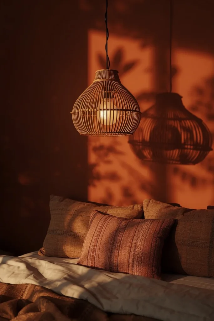 23 Afrobohemian Bedroom Ideas for Warm, Earthy, Soul-Filled Nights 8 bedroom evening shot, featuring a woven rattan dome pendant light
