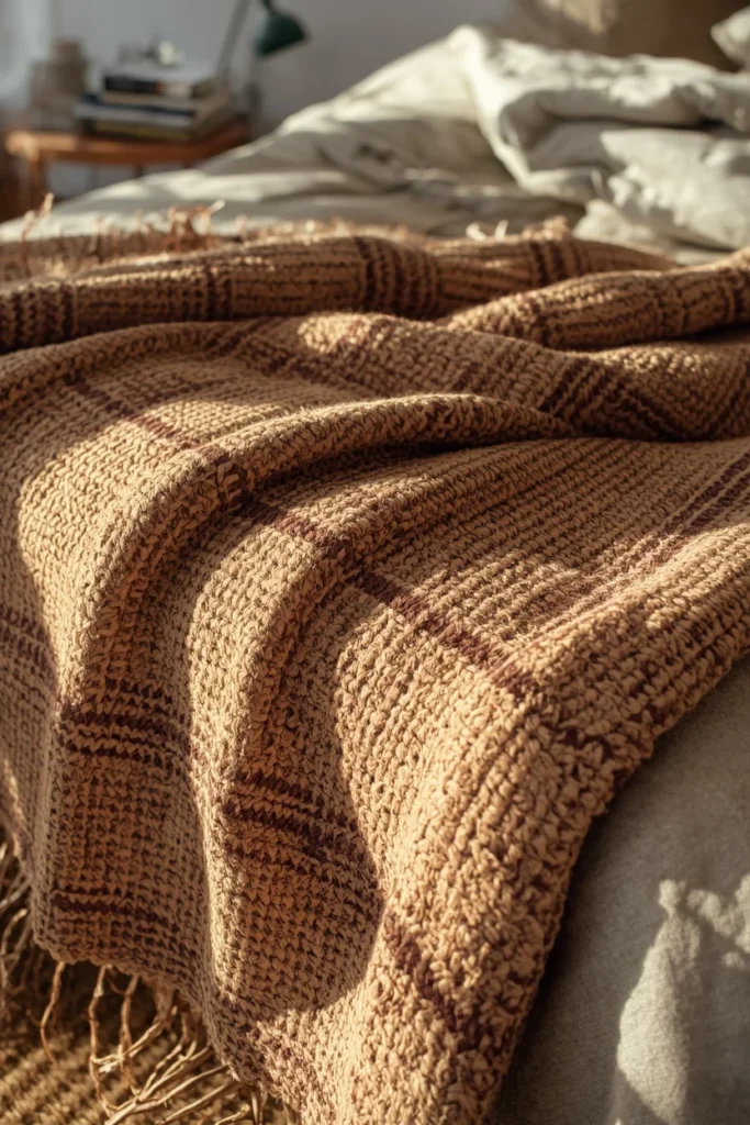  bed styling close-up, featuring a handwoven Kuba cloth throw with intricate geometric raffia pattern