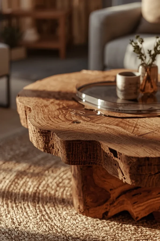  furniture detail shot, featuring a hand-carved wooden coffee table 