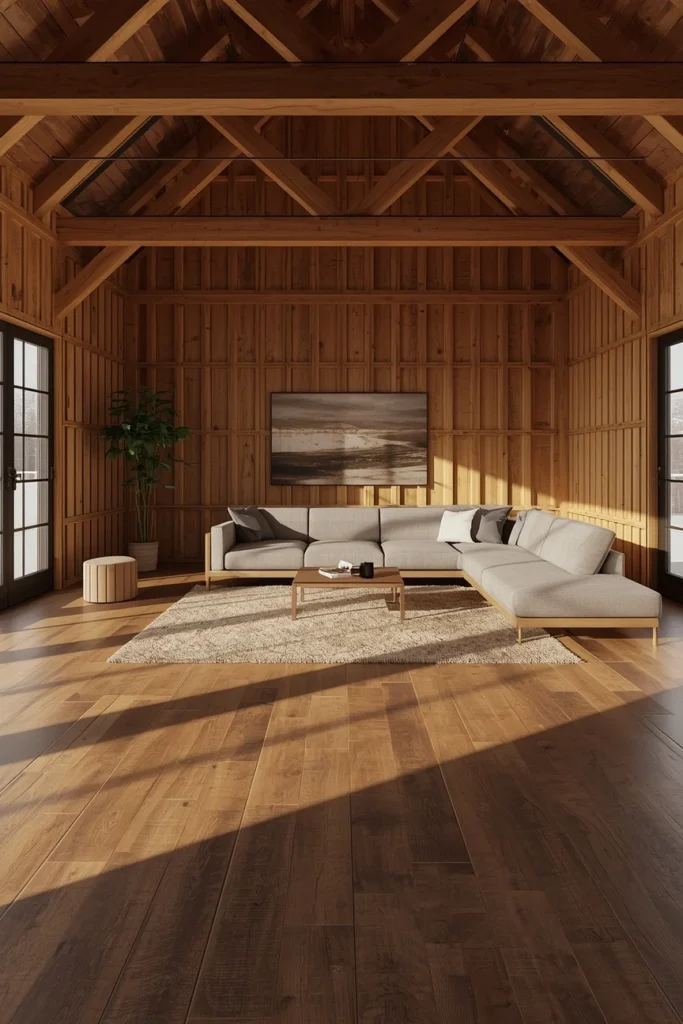 barndominium living area, featuring stained walnut-toned concrete floors 